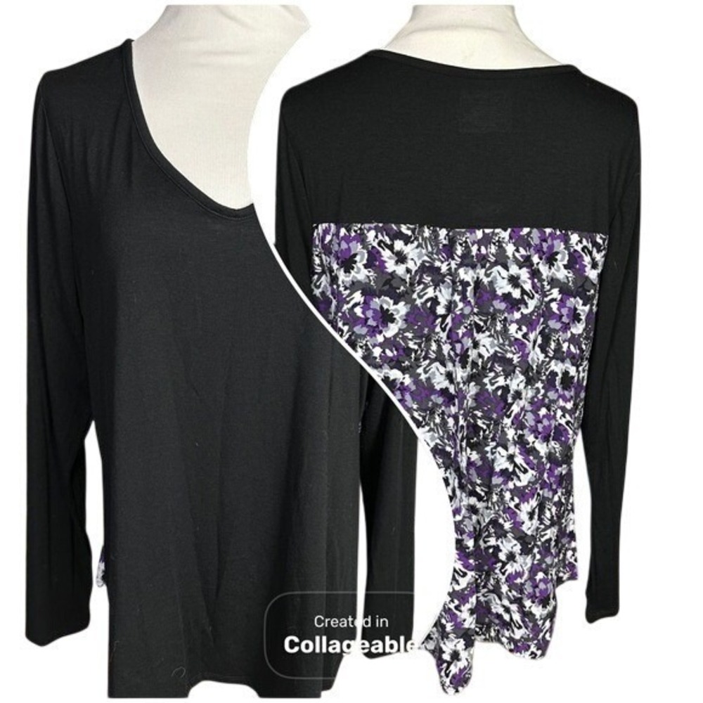 NWT Lane Bryant Womens 18/20 Black V-Neck Long Sleeve Floral Mixed Media Top‎